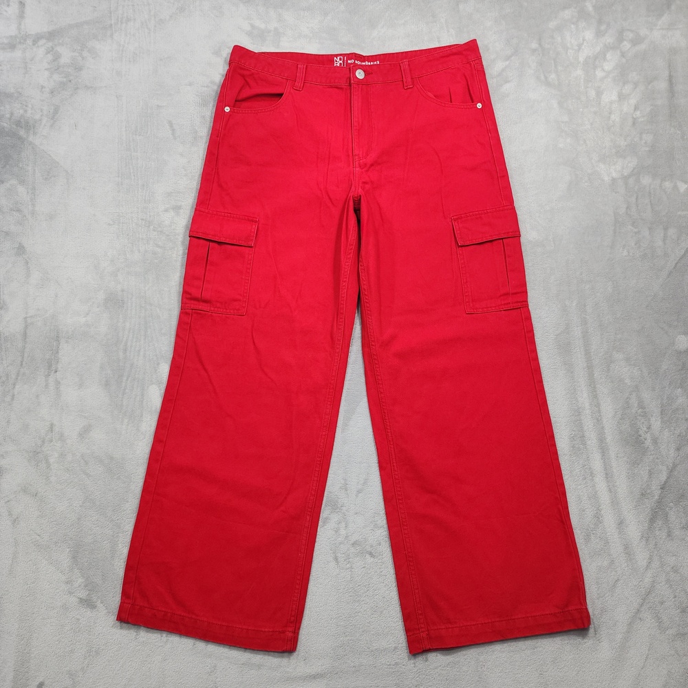 No Boundaries Pants Womens 19 Juniors Red Twill Cargo Wide Leg Relaxed Casual